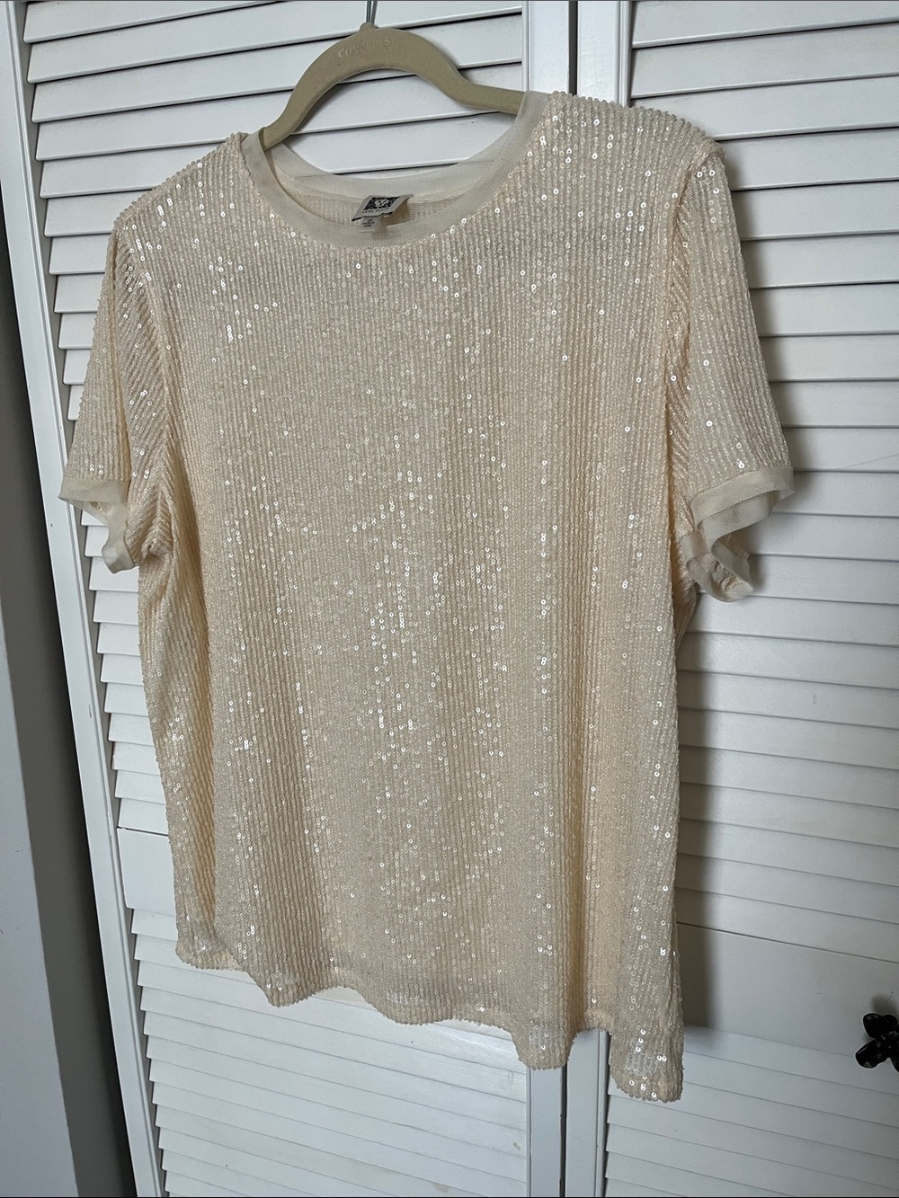 Anne Klein Cream Sequin Short-Sleeve Crewneck Top